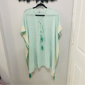 Ble Resort Wear Green & White Striped Swimsuit Cover Kaftan 100% Cotton One Size